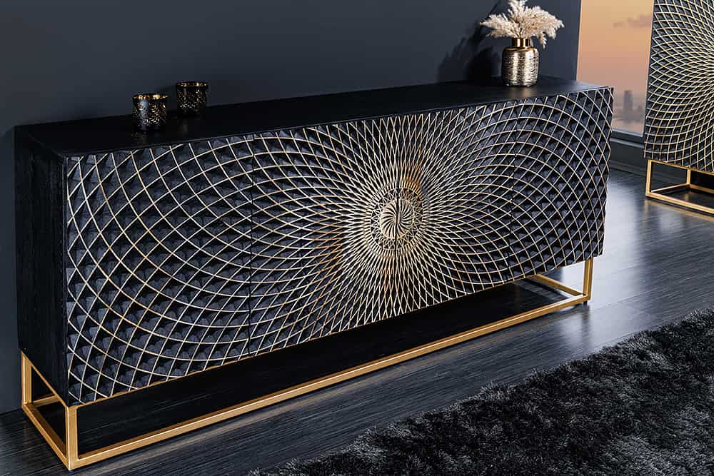 Design Sideboard ILLUSION 180cm schwarz Mangoholz Massivholz mit 3D Schnitzereien gold Eisen Metallgestell