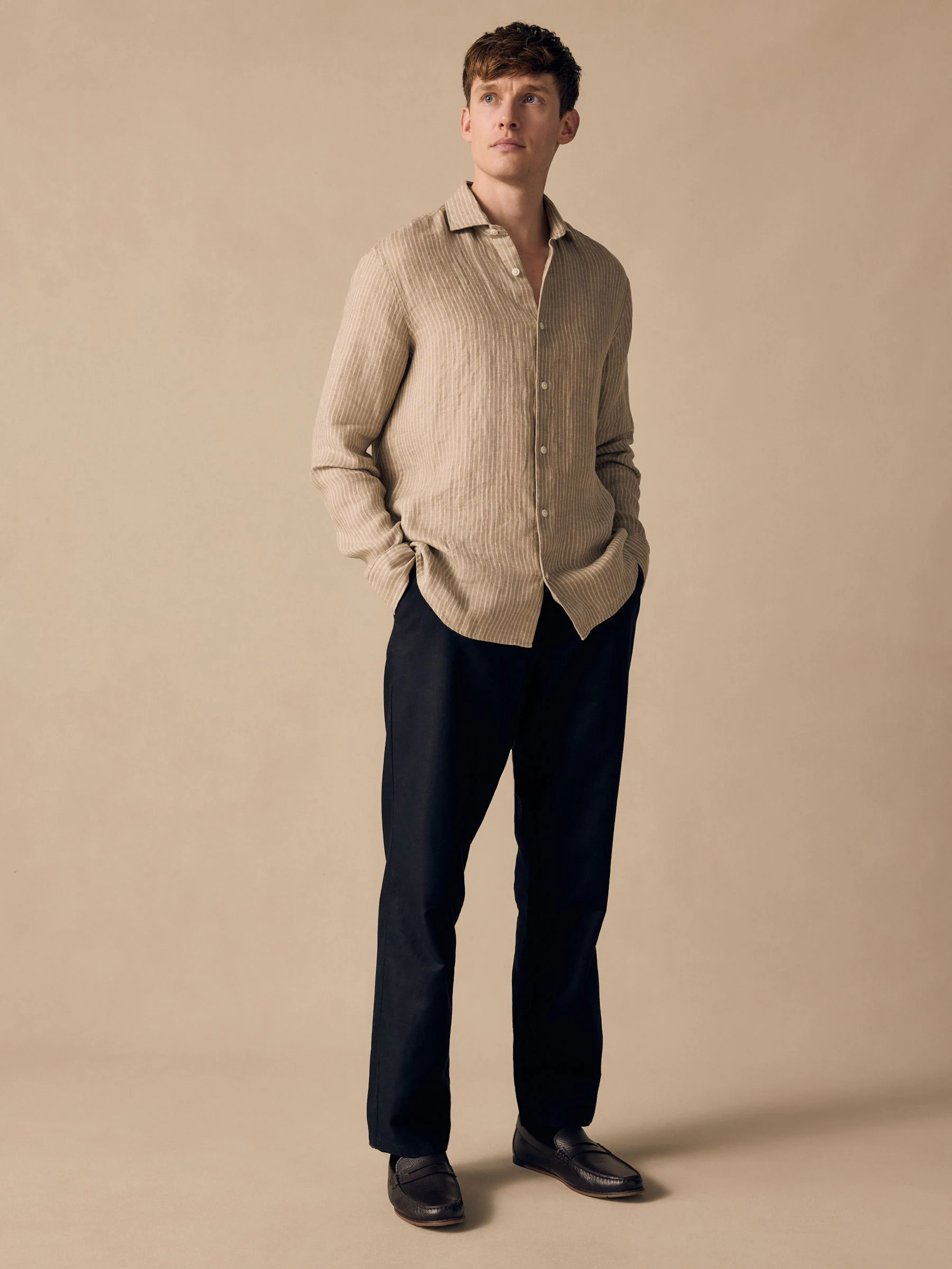 Zwart - Regular fit linnen-katoenmix broek met ceintuur