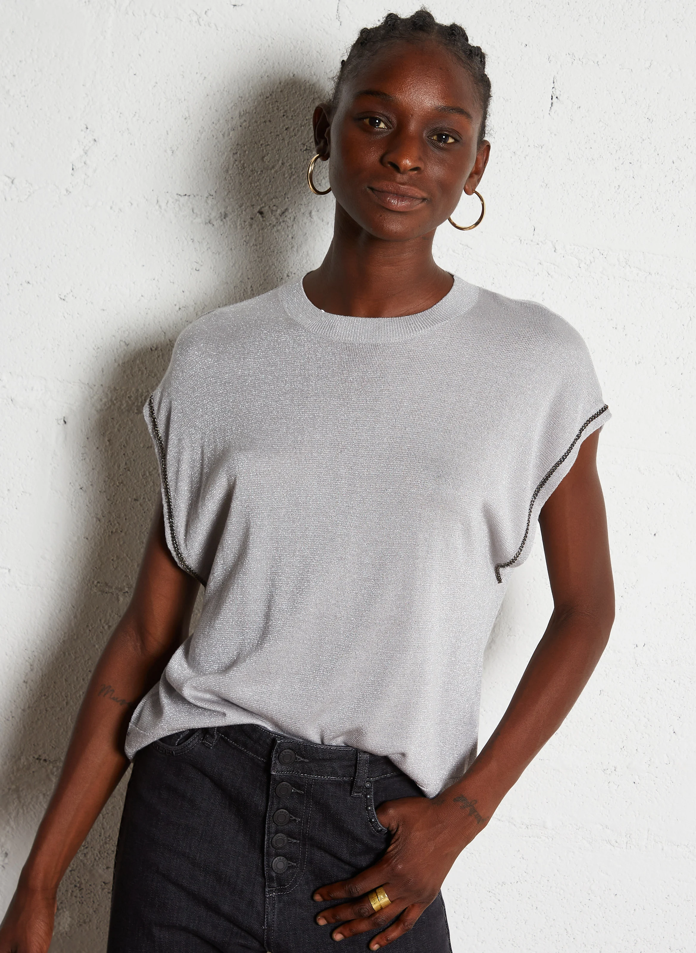 Pull col rond métallisé | Gris