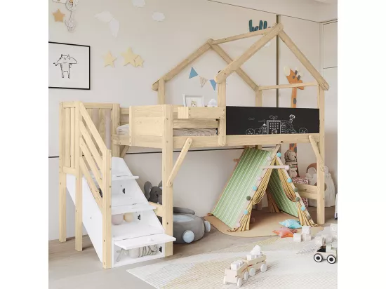 Lit superposé pour enfants 90x200cm, avec rails, design unique du toit, avec 3 armoires de rangement, blanc + couleurs naturelles