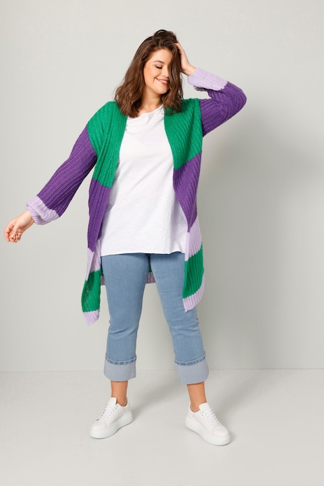 Long-Strickjacke, oversized, Blockstreifen, offene Form, Langarm