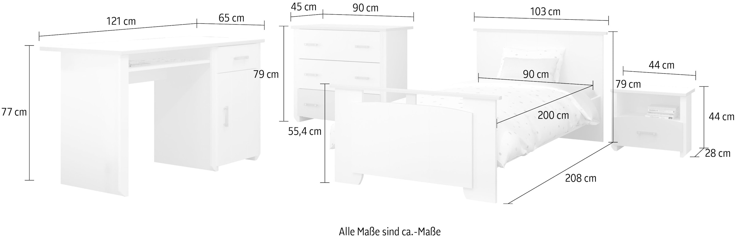 Parisot Jugendzimmer-Set »Biotiful« Bett, Nachttisch, Schubkastenkommode, Schreibtisch, 4 Stk. tlg.