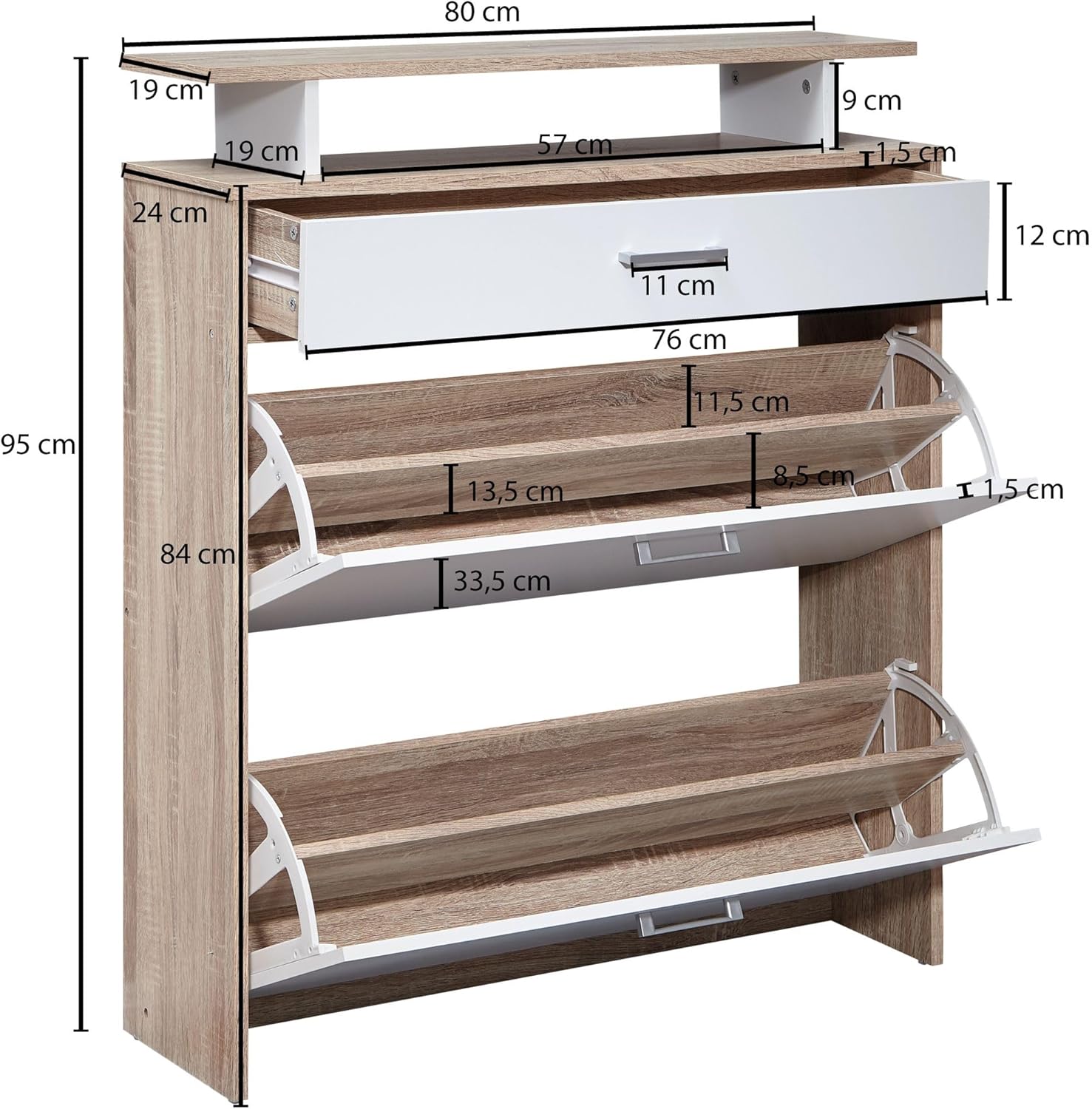 Wohnling Schuhkipper Holz 80x95x24 cm Modern Sonoma Eiche, Design Schuhregal Schuhkipper Schmal, Schuhschrank Schuhaufbewahrung mit Schublade, Flurschrank Schuhablage Regal