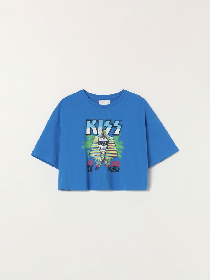 Camiseta cropped com estampa Kiss Universal - Azul Royal