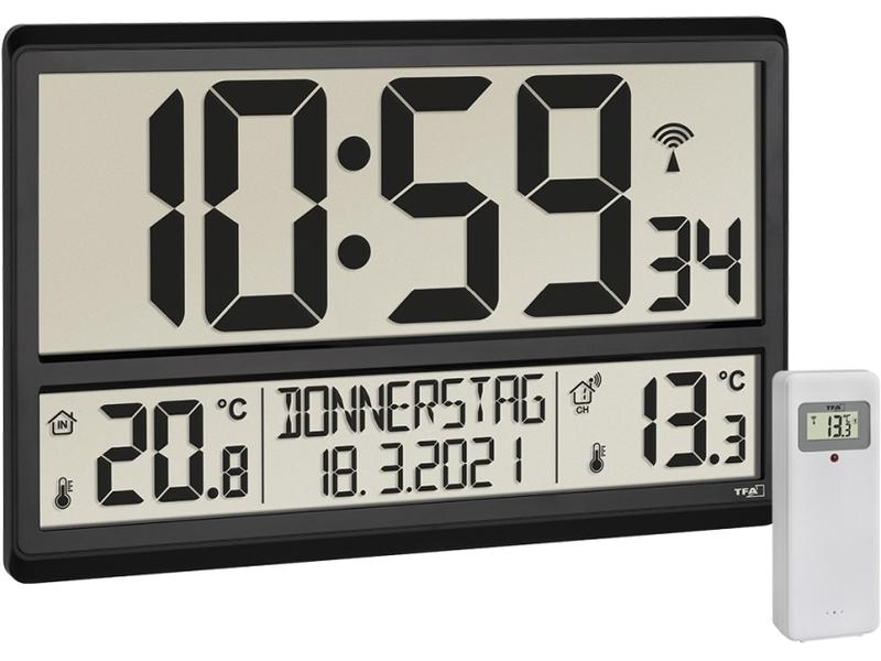 TFA Dostmann Funk-Wanduhr XL mit Aussen- und Innentemperatu Digitale Uhr mit Snooze-Funktion und Zeitzone