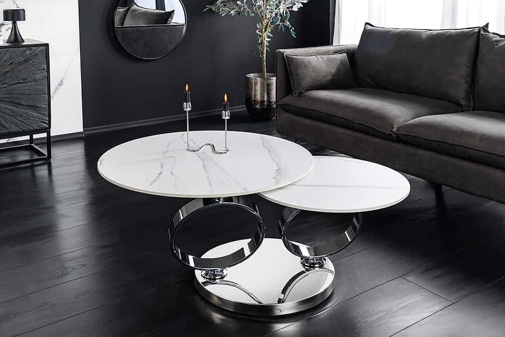 Design Couchtisch DANCING RINGS weiß rund drehbar Marmor Keramik Chrome Gestell