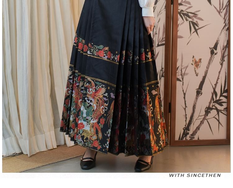 Fioridi - Blouse met mockneck en effen kleur / Maxi A-lijn rok met Hanfu-motief en middelhoge taille / Ketting