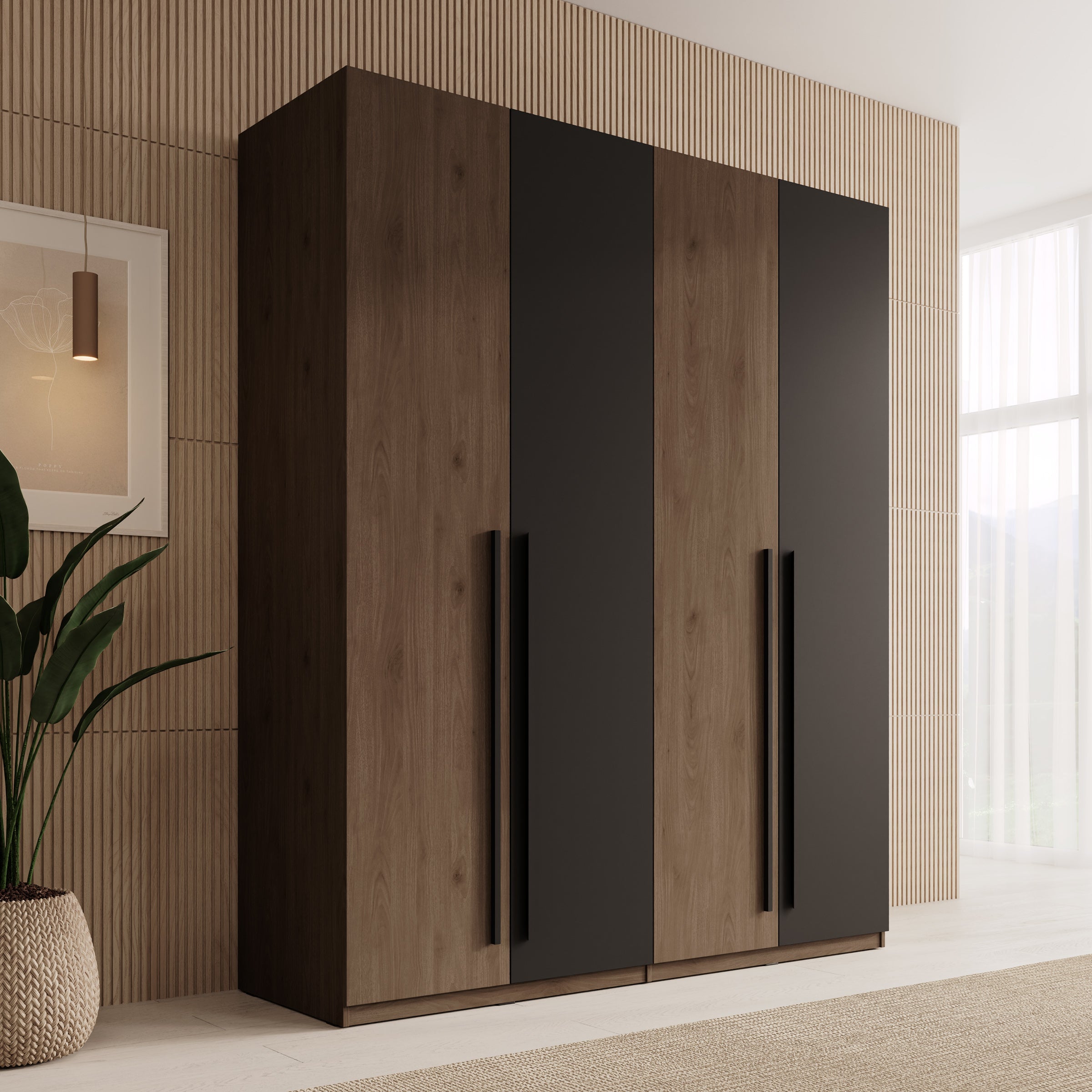 Meubella - Wangoo - Kledingkast 4 deuren - Donker eiken - 179x60x221cm