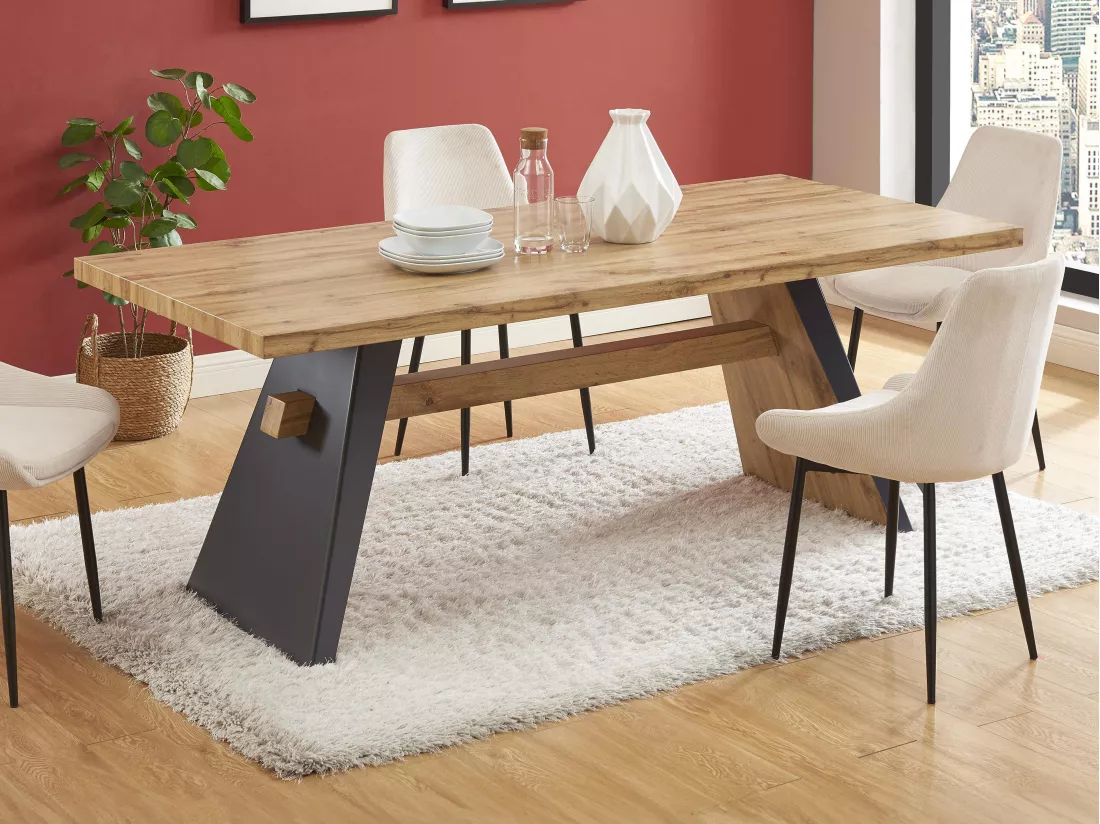 Table à manger 8 personnes en MDF - Naturel et anthracite - MILATU