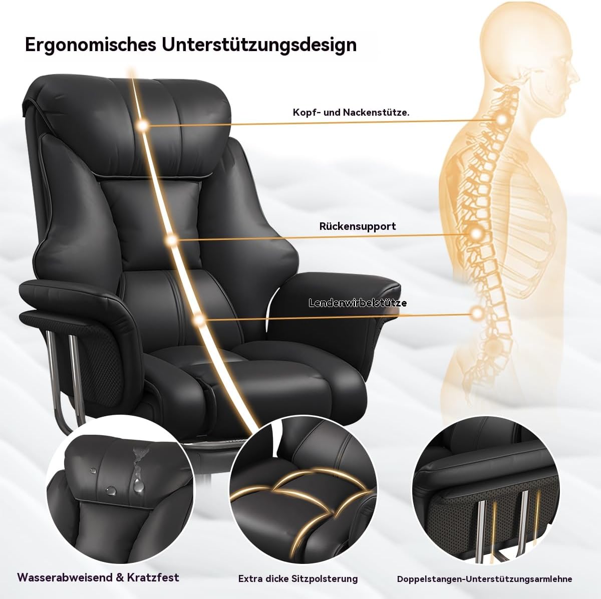 Großer und hoher Bürostuhl 250 kg Extrabreiter Leder-Chefsessel mit ausziehbarer Fußstütze Hochbelastbarer ergonomischer Stuhl Höhenverstellbarer Computerstuhl