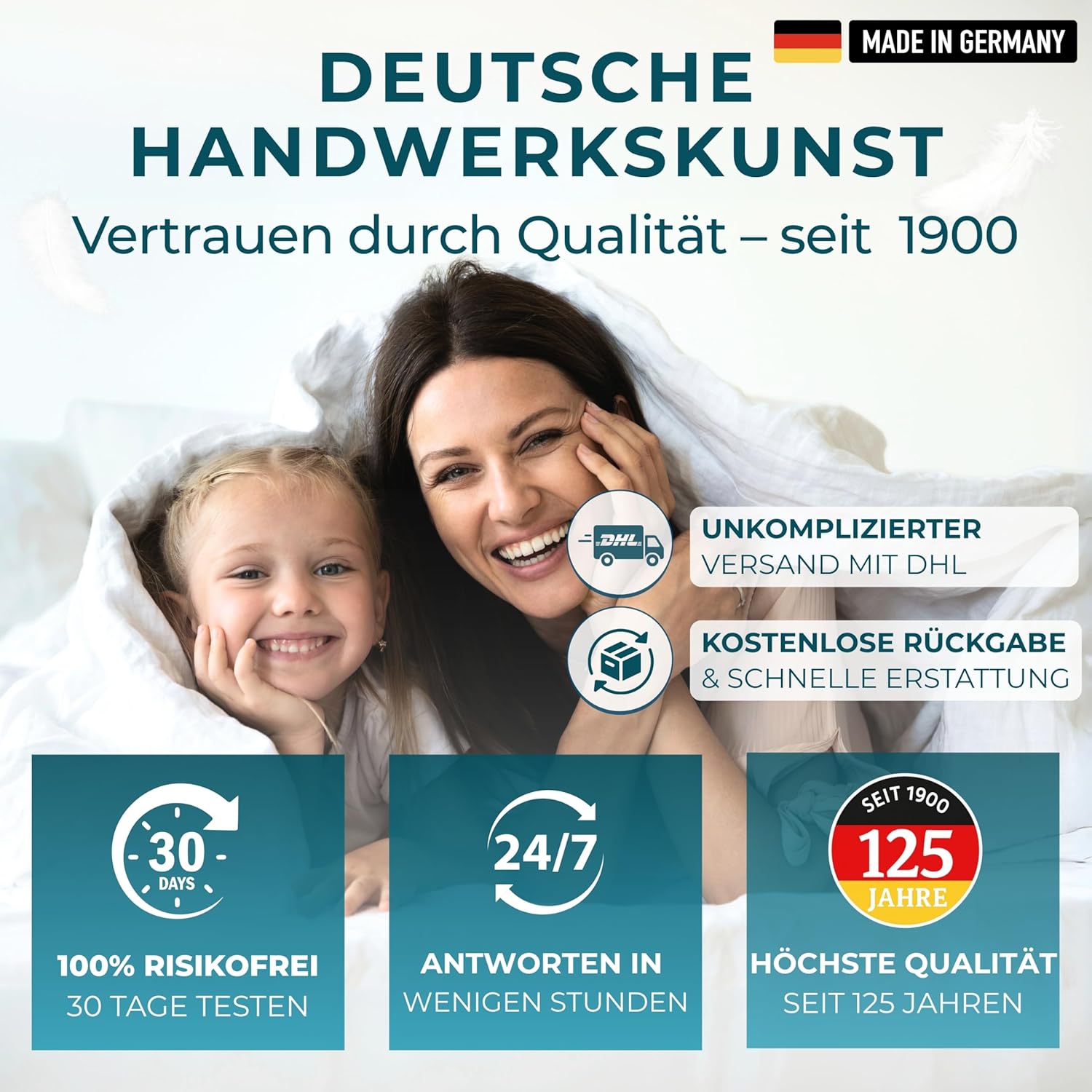 Daunendecke 155x220 Deluxe - Made in Germany | Traumhaft flauschig - 90% Daunen 10% Federn | Bettdecke 155x220 - Allergiker geeignet | Daunenbettdecke | Sommerdecke | Federbettdecke | Oeko-Tex