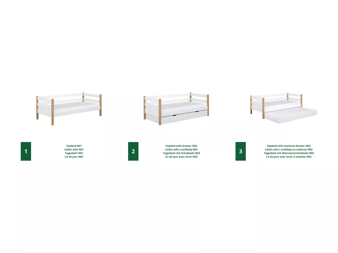 Lit banquette en bois - avec tiroir N01 Blanc / Chêne Naturel 80x200