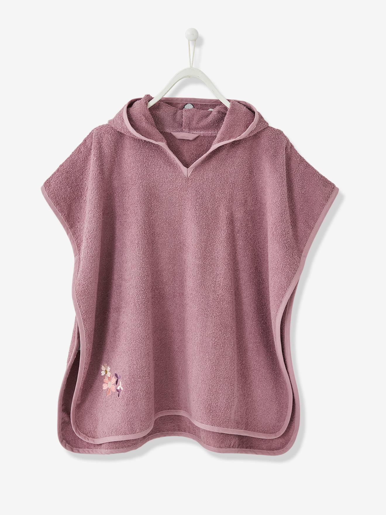 Poncho de banho roxo com estampa de veado, tamanho médio liso com motivos.