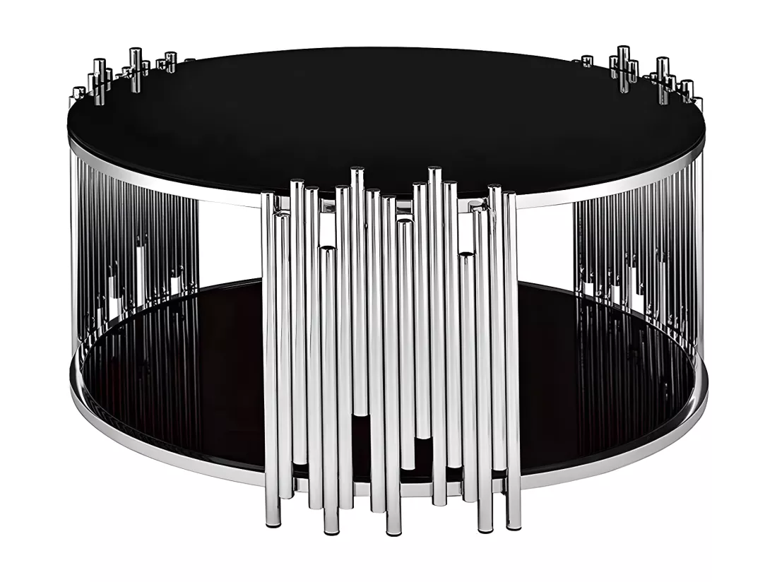 Table basse ronde stick chrome verre noir d90 h45 cm
