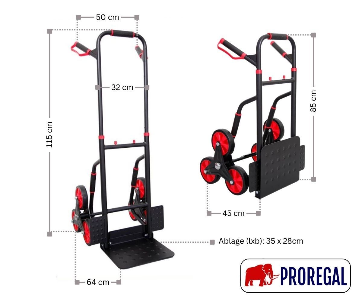 PROREGAL Opvouwbare Professionele Trapklimmer TAURUS 250 HxBxD 115 x 52 x 63 cm Draagvermogen 250 kg Stalen frame Ergonomische handgrepen TPR rubberen wielen Rood-Zwart