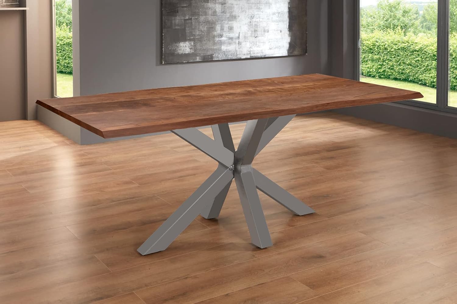 SAM Baumkantentisch 220 x 100 cm Spyro, Akazienholz nussbaumfarben & massiv, Esszimmertisch mit silbernem Spider-Metallgestell, Platte 26 mm