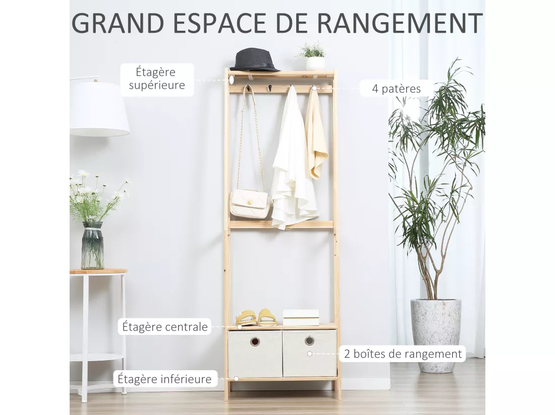 HOMCOM Vestiaire d'entrée porte-manteau 4 patères 2 tiroirs polyester gris clair 2 étagères bois de sapin
