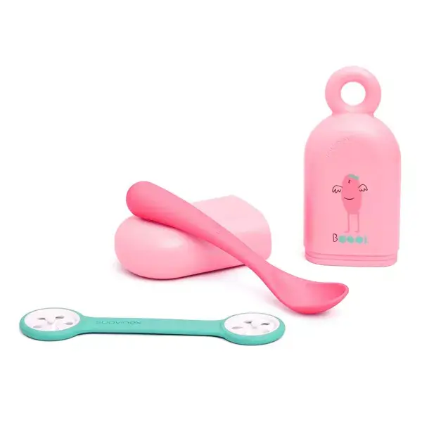 Conjunto de colheres Suavinex + estojo para colheres + prendedor de guardanapo rosa
