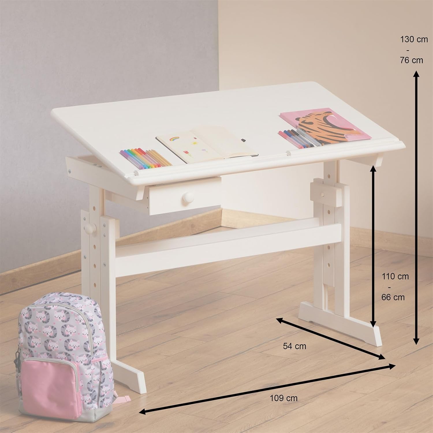 IDIMEX Kinderschreibtisch Flexi mit Kippfunktion und Höhenverstellung, praktischer Schreibtisch aus massiver Kiefer in weiß
