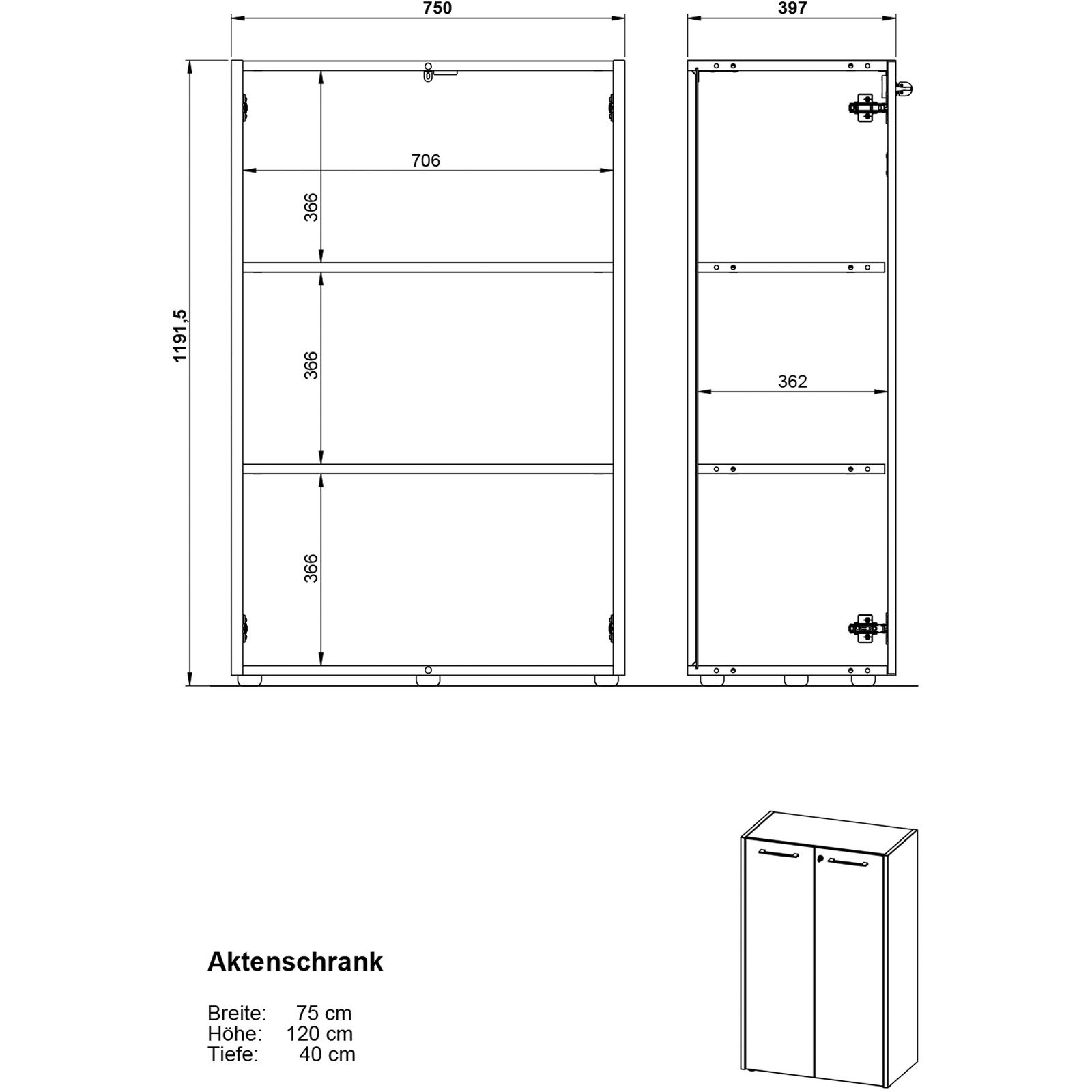 Aktenschrank Vito Dekor Eiche/Graphit-Look 75 x 120 x 40 cm