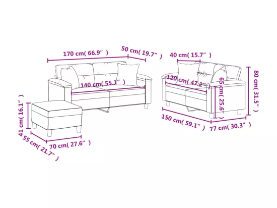 Ensemble de canapés 3 pcs avec coussins gris similicuir