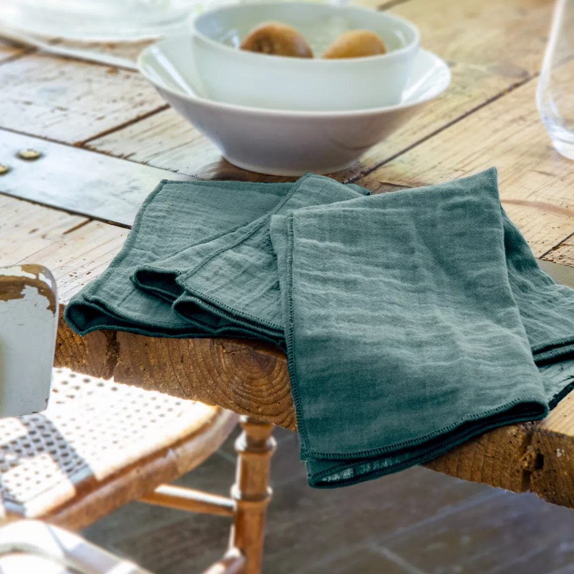 Lot de 3 serviettes gaze de coton (40 x 40 cm) Gaïa Bleu canard