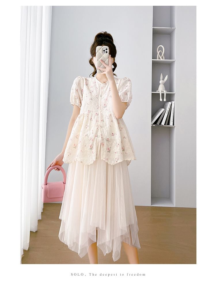 Levsayte - Zwangerschapsblouse met pofmouwen en bloemenprint