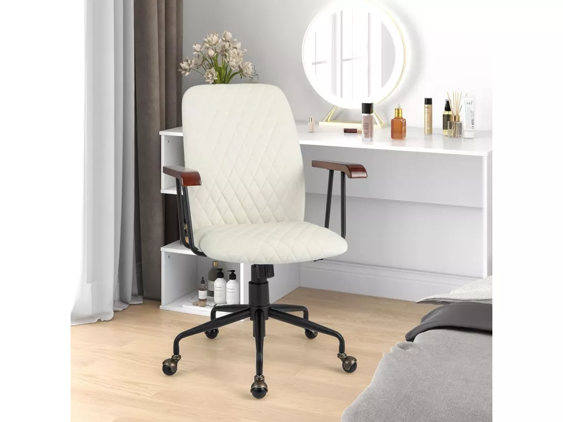 Fauteuil de Bureau à Roulette en Velours, Chaise Pivotante Réglable,Style Vintage Elégant,Accoudoirs en Bois de Caoutchouc (Beige)