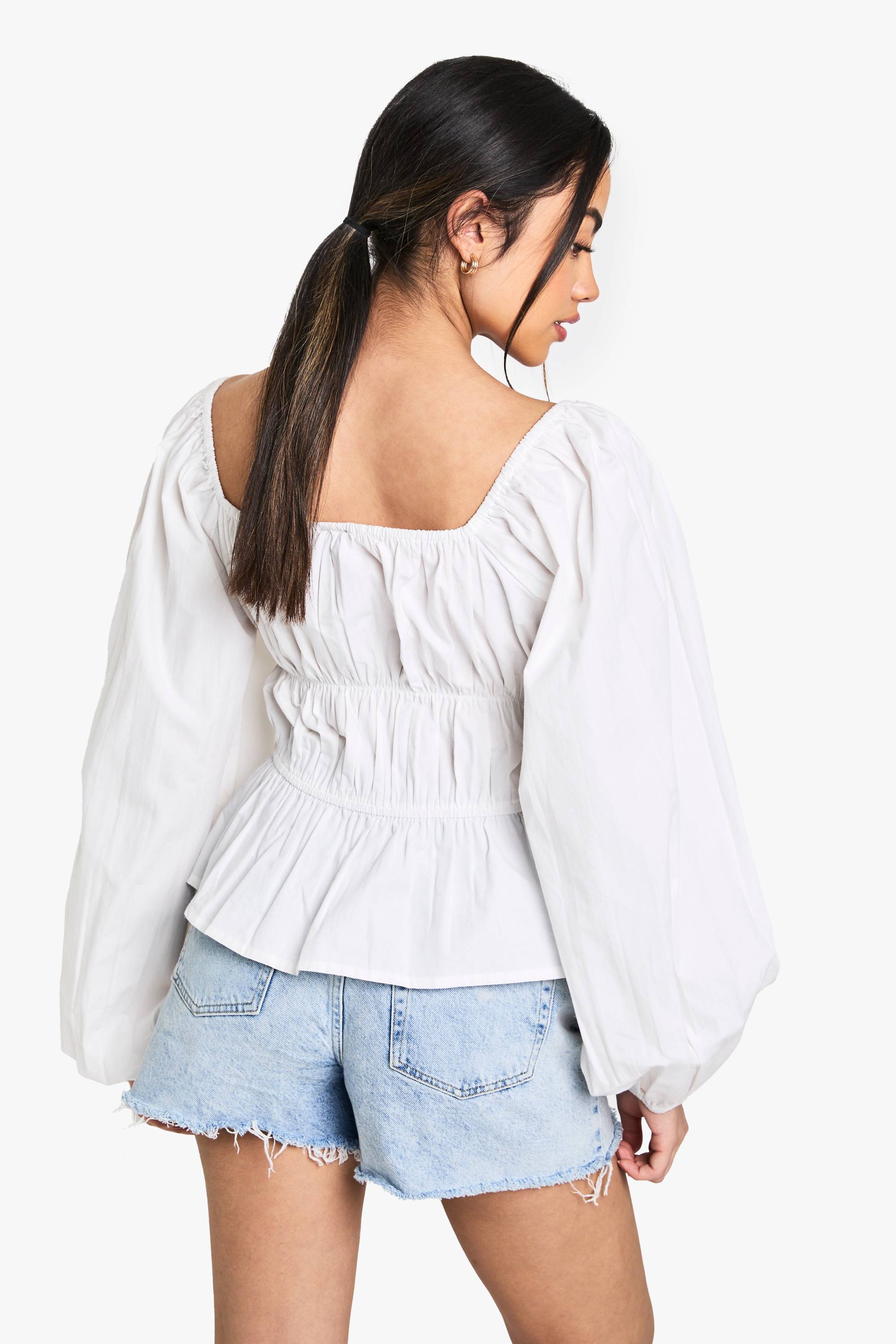boohoo Blouse en popeline de coton froncée