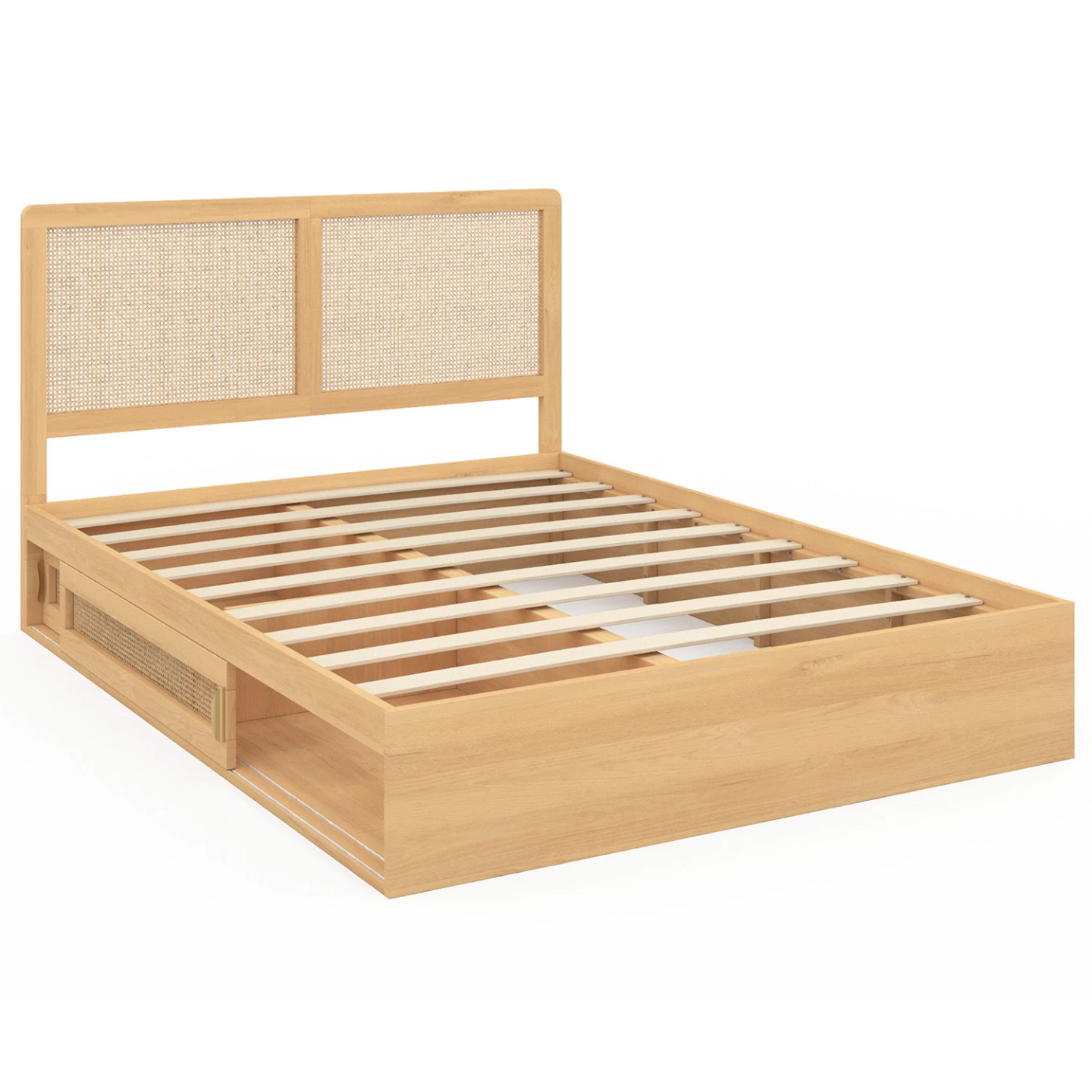 Lit double EDHEN avec rangements + tête de lit cannage et sommier 140 x 190 cm coloris bois