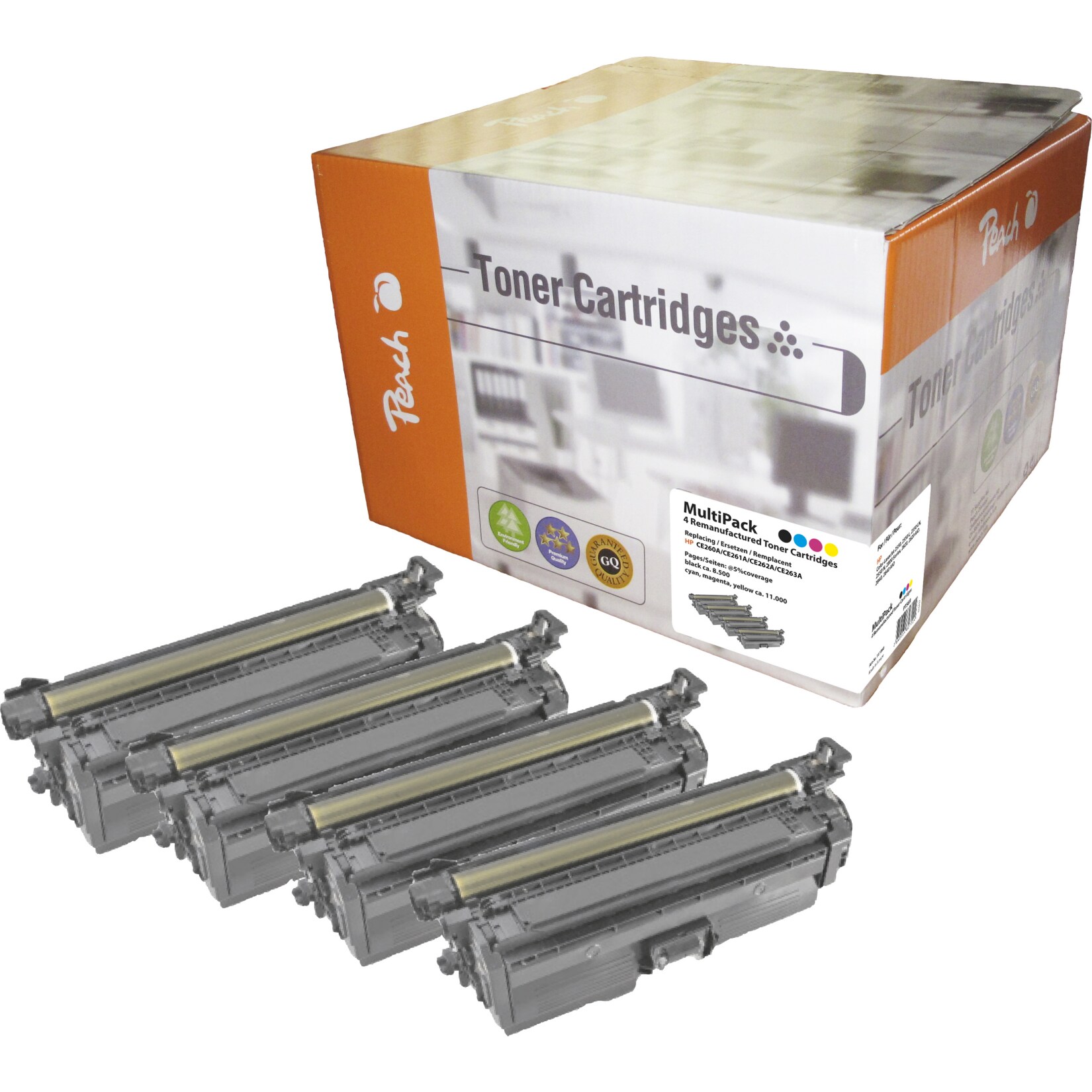 Peach HP 647 A 4 Toner (bk, c/m/y) ersetzt HP No. 647A, No. 648A, CE260A, CE261A, CE262A, CE263A für z.B. HP Color LaserJet CP 4500 (wiederaufbereitet)