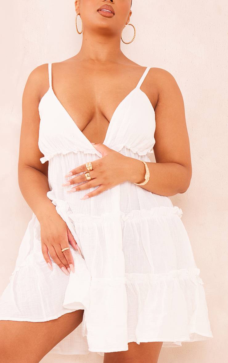 Blanc Robe Trapèze Étagée Grande Taille En Gaze De Coton