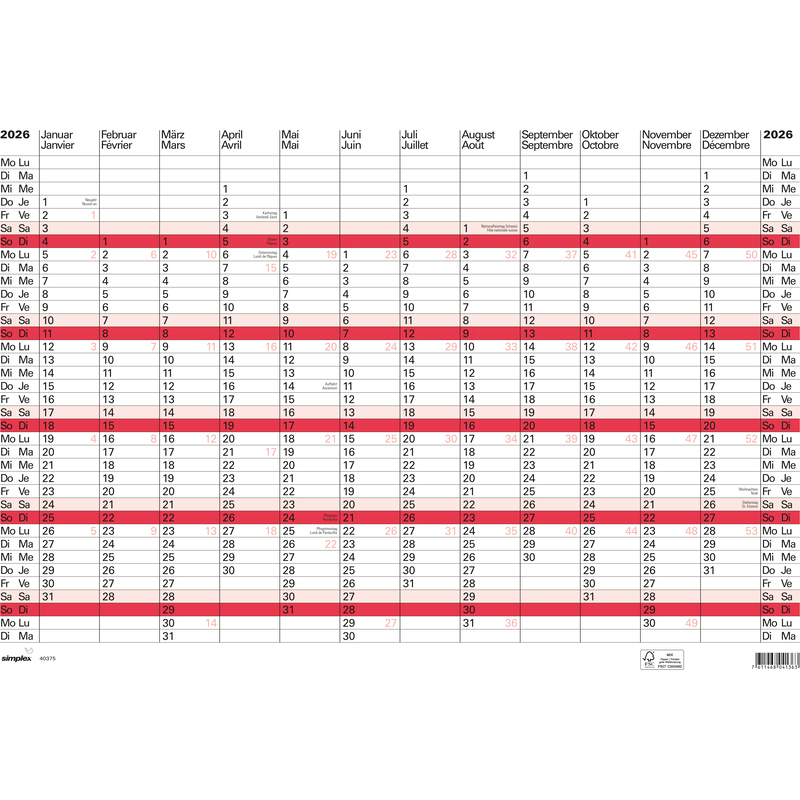 Simplex Wandkalender 2026, A2, 12 Monate / Seite, weiss/rot