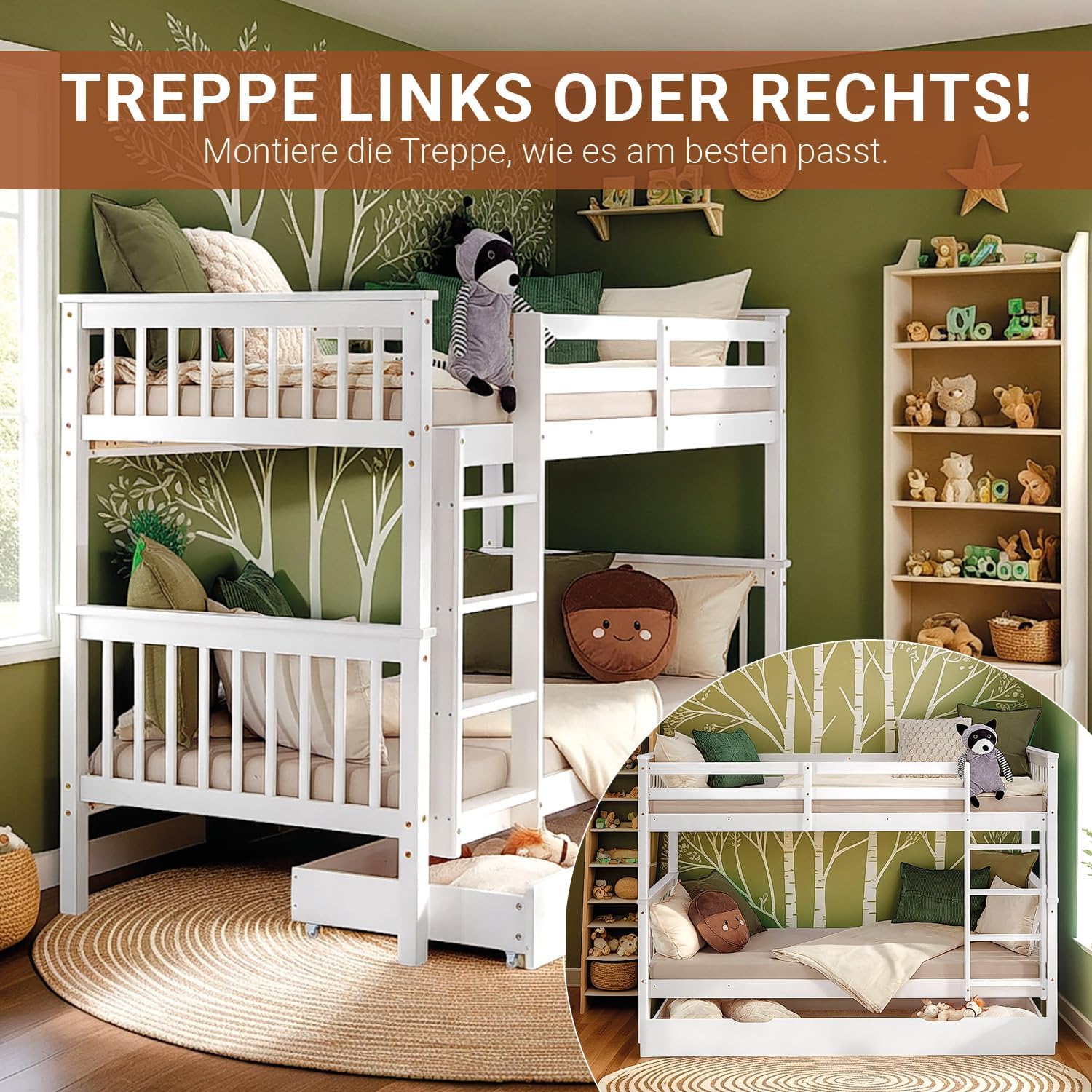 Homestyle4u, Etagenbett 2 Kinder 90x200 mit Treppe & Bettkasten Weiß, Hochbett Doppelstockbett umbaubar 2 Kinderbetten