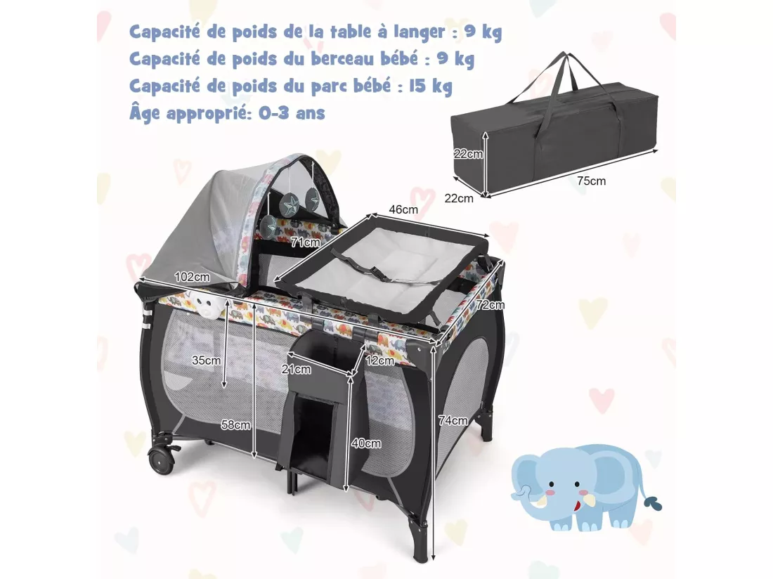 5 en 1 Lit Parapluie Bébé avec Matelas & Moustiquaire, Lit Bébé Evolutif avec Table à Langer, 3 Jouets Mignons & Boîte à Musique, Sac de Transport, Charge 9kg pour 0-36 Mois, Coloré