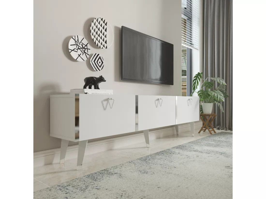 Meuble TV Milagro 180 cm Armoires Abattants Design Chic à 5 Pieds (Blanc et Argent)
