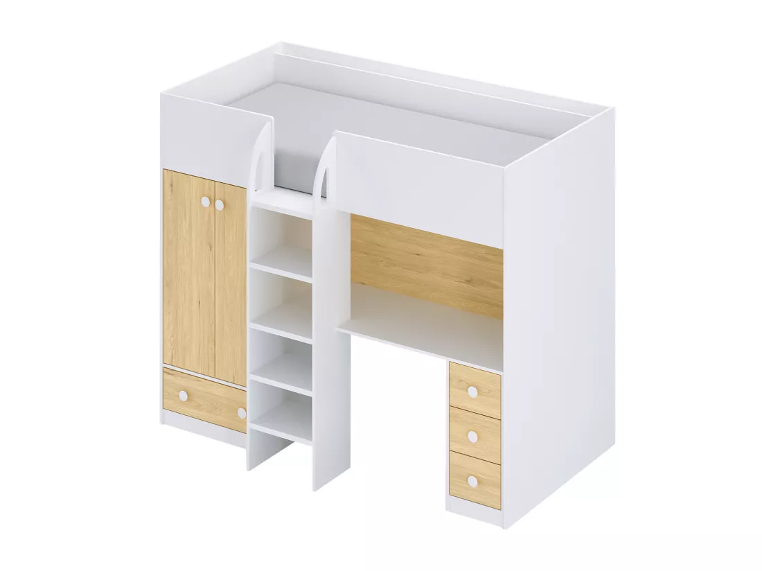 Lit mezzanine 90 x 190 cm avec armoire et bureau - Blanc et naturel - CINAMO