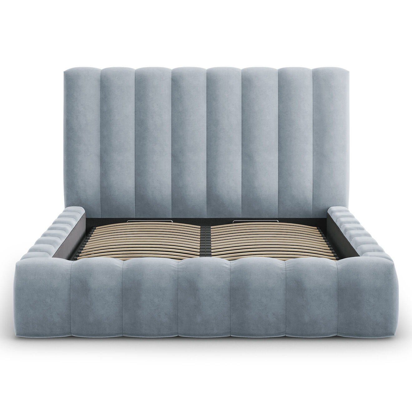 Milo Casa Lit Coffre en Velours avec Tête de Lit Gina bleu clair - 200x200 cm