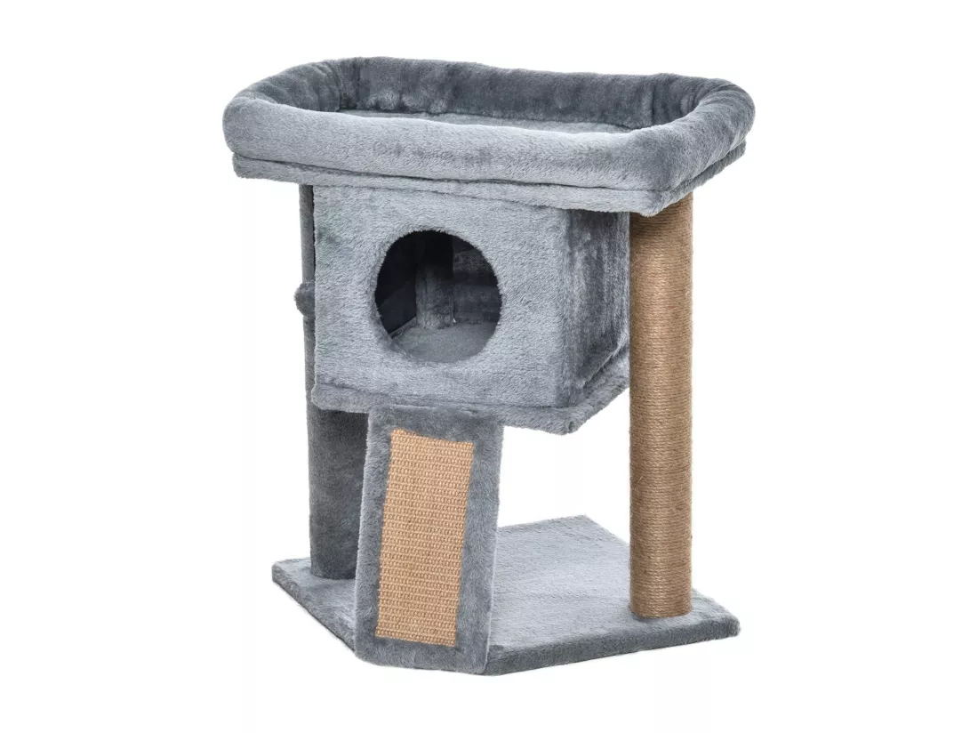 Arbre à chat grattoir griffoir niche panier d'observation boule peluche gris