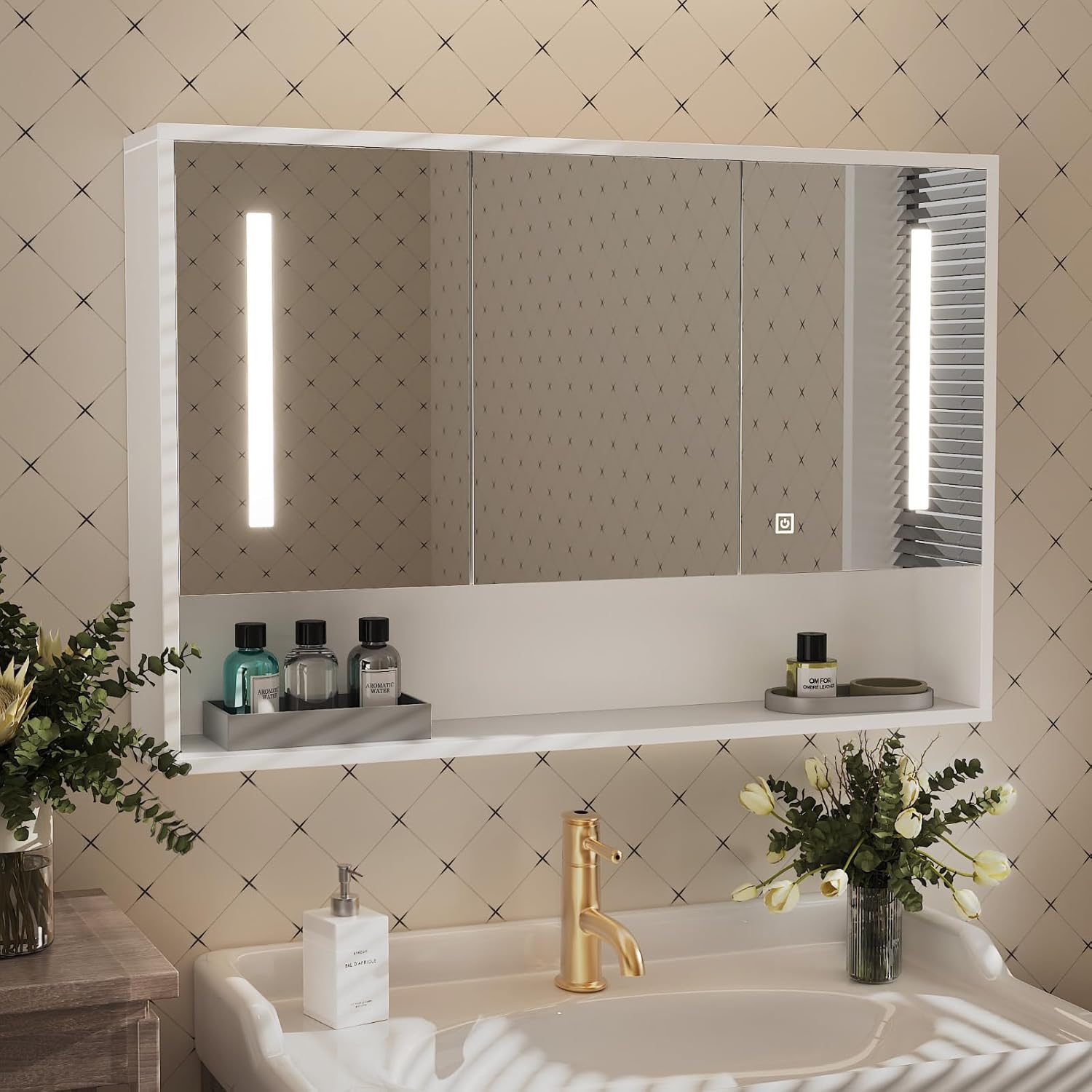 spiegelschrank Bad mit Beleuchtung, Badezimmerspiegel 90 × 60 × 15 cm, Wandschrank mit Offenes Fach, Badschrank mit Verstellbare Ablagen, Medizinschrank, Spiegelschrank für Badezimmer weiß