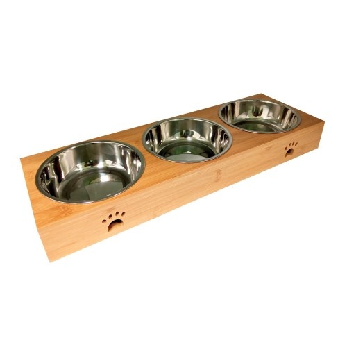 Alimentador triplo de madeira Edipets para cães e gatos.