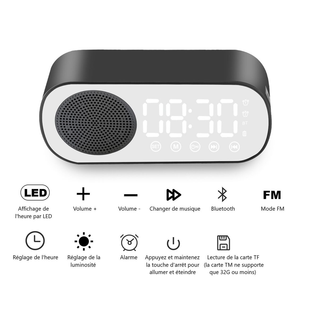 Onamaste Enceinte réveil Bluetooth noire