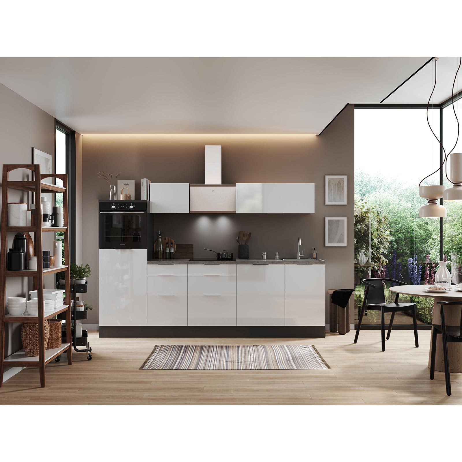 RESPEKTA Küchenblock - weiß Hochglanz - grau matt - mit E-Geräten - 280 cm
