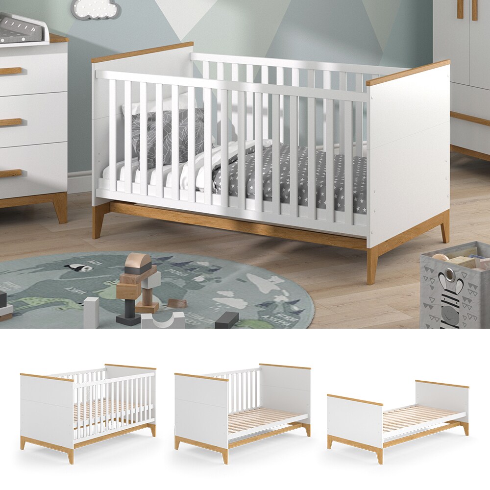 VitaliSpa Kinderbett Babybett Juniorbett Malia Weiß Eiche modern 70x140 cm Kinderzimmer Bett Babyzimmerbett Kindermöbel Babymöbel Schlupfsprossen Lattenrost Rausfallschutz Einzelbett