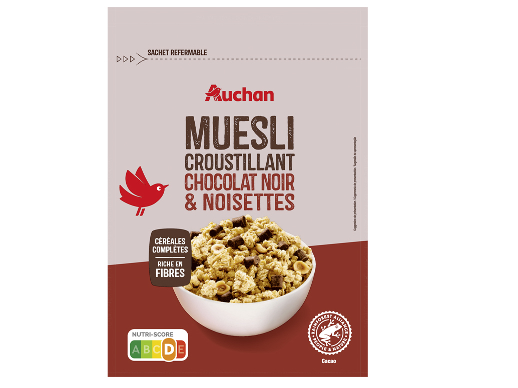 CEREAIS AUCHAN MUESLI CHOCOLATE PRETO E AVELÃS 450G