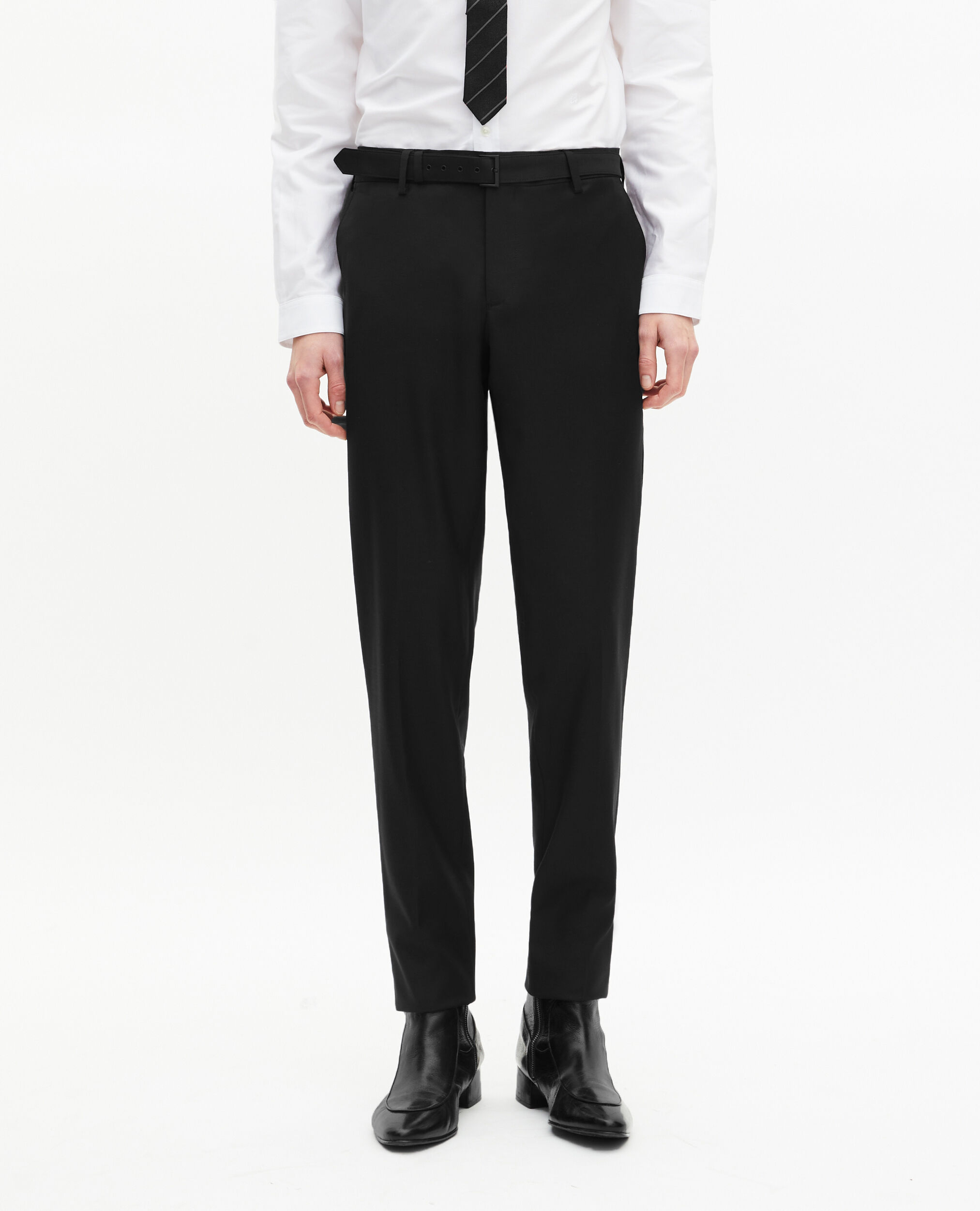 Pantalon de costume en laine à ceinture intégrée noir coupe ajustée