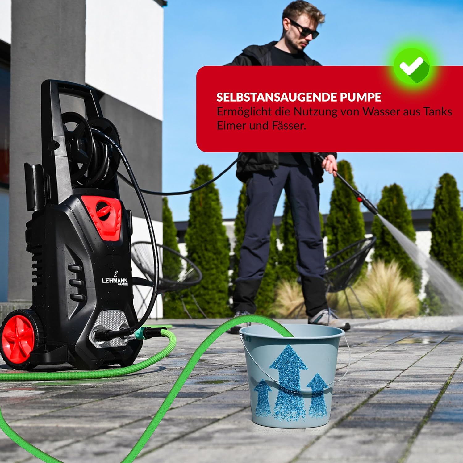 LEHMANN Hudson Hochdruckreiniger mit Aluminiumpumpe, 1800 W, 450 l/h Fördermenge, 5m Schlauch, Hochdruck Flächenreiniger mit 145 bar Druck, Zubehör - Verstellbarer Düse, Turbodüse, Schaumlanze