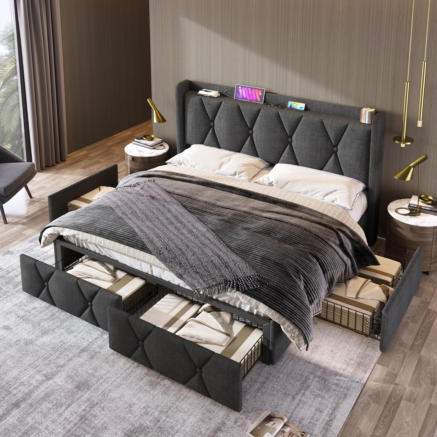 Merax Polsterbett Doppelbett mit USB-Ladefunktion und 4 Schubladen – Doppelbett 160x200cm, Stauraumbett mit Holzlattenrost in stilvollem Grau (Ohne Matratze)