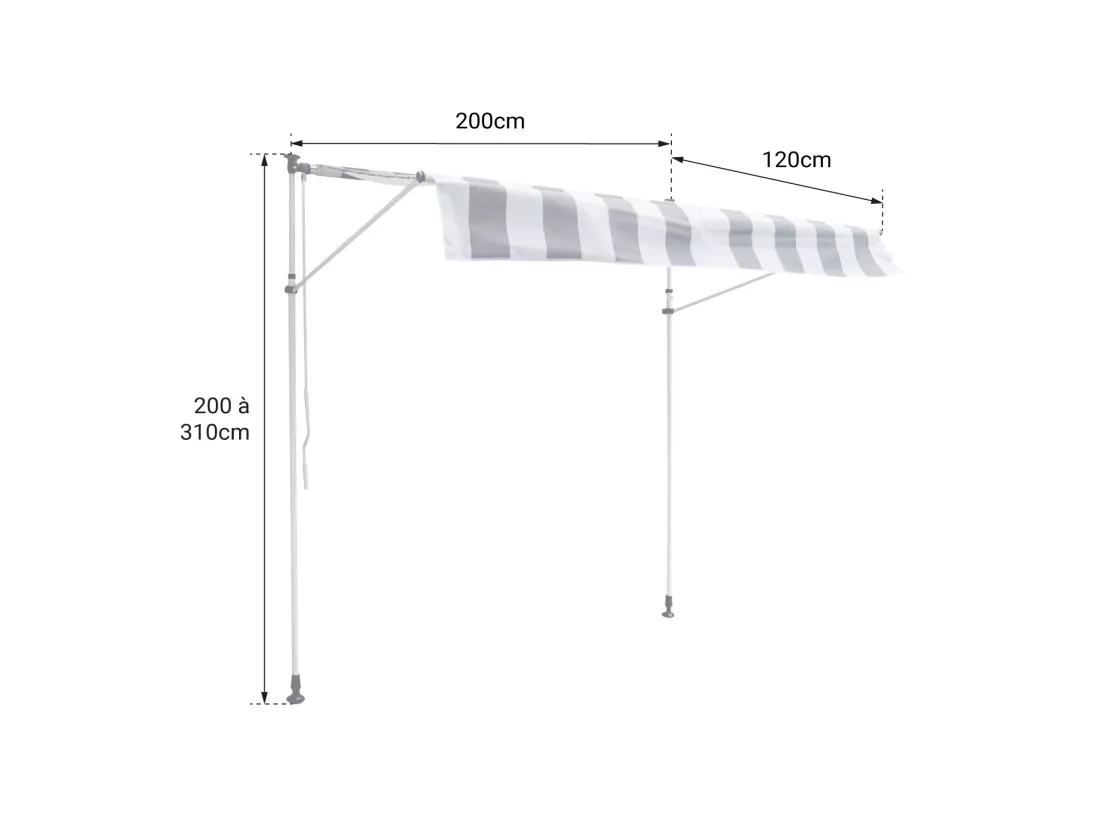 Store banne pour balcon CHENE 2 × 1,2m - Toile rayée blanche/grise et structure blanche - HAPPY GARDEN