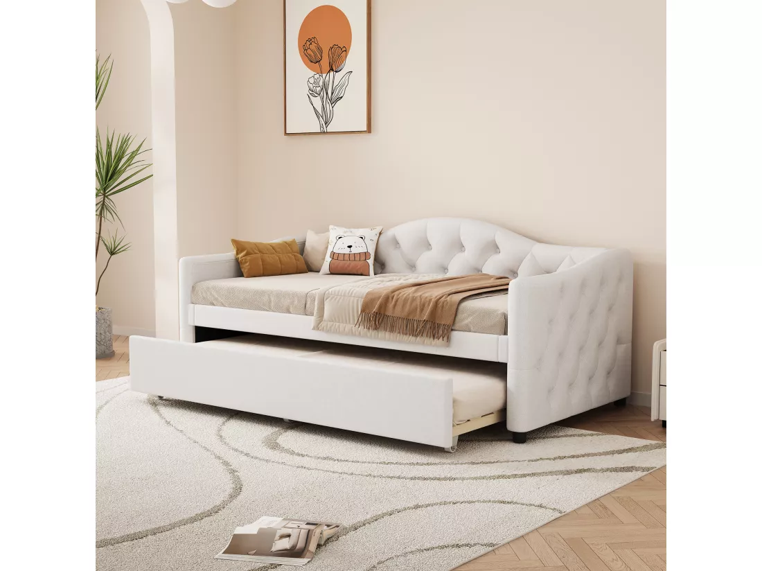 Lit gigogne 90 x 200 cm + lit 90 x 190 cm, canapé-lit - tissu en lin - coloris beige (sans matelas)
